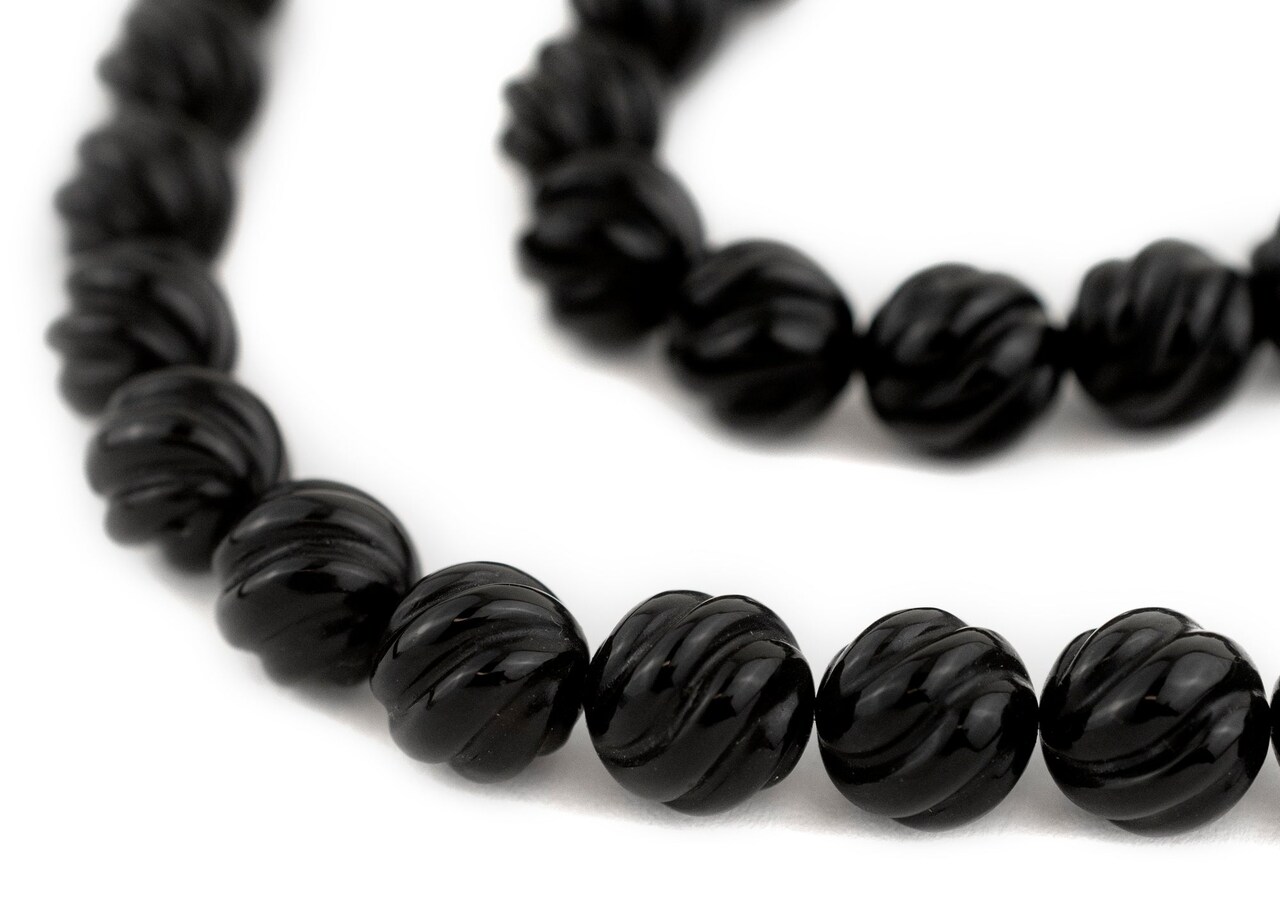 The Bead Chest Carved Swirl Round Onyx Beads 12mm Black Gemstone 16 Inch Strand